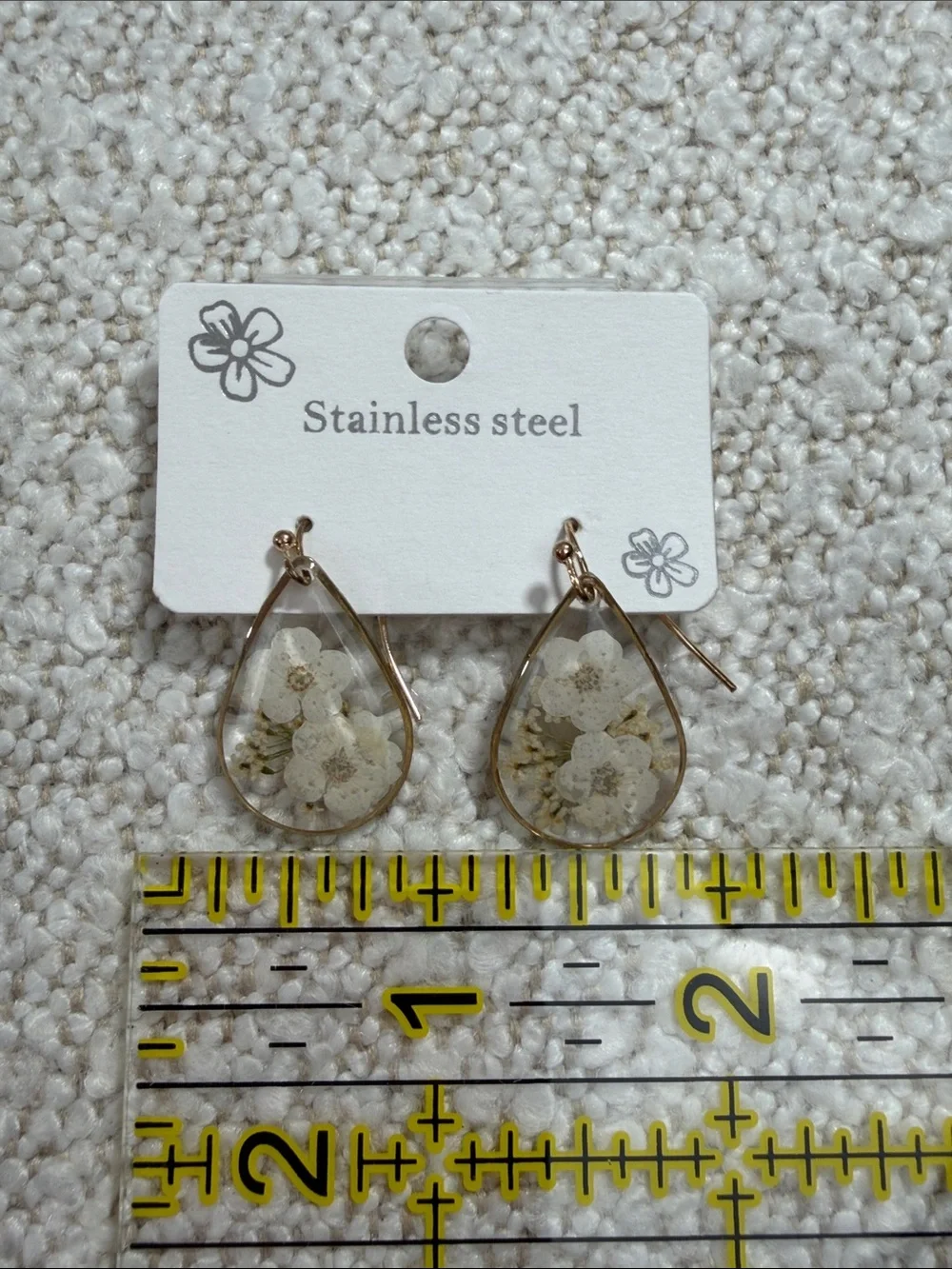 Stainless Steel White Floral Teardrop Earrings